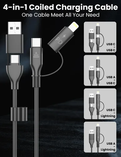 Vista 4 de Cable USB-C y Lightning en espiral 2 en 1, cable de carga para iPhone 17 16 de 3 pies, cable de carga rápida de 60 W para iPhone 15, Samsung Galaxy