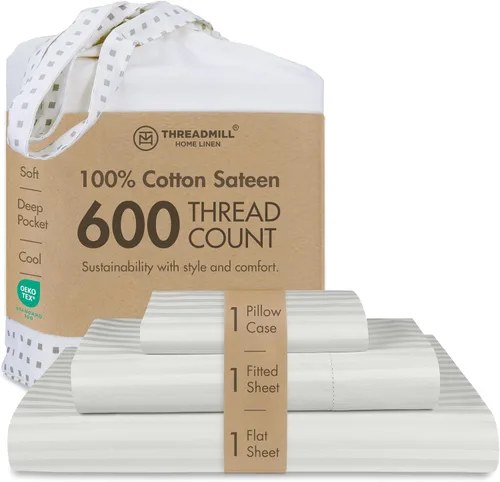 Vista 23 de Threadmill Sábanas de tamaño matrimonial, 100 % algodón puro de 600 hilos, 4 piezas, damasco, gris oscuro, calidad de hotel, sábanas de algodón