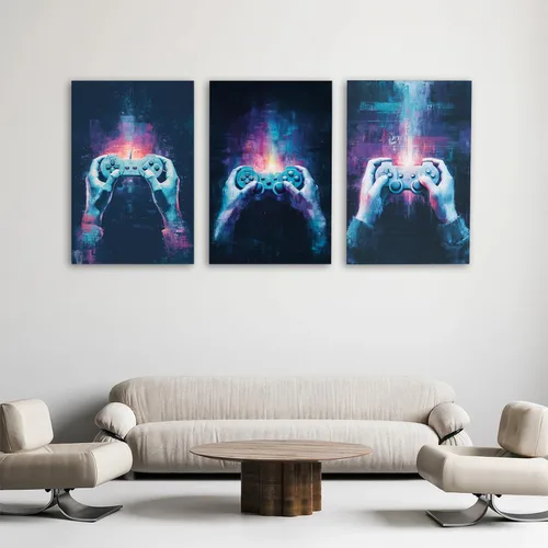 Vista 2 de QiQiyigou 3 impresiones artísticas enmarcadas para pared, controlador de juegos retro en manos, un homenaje a la cultura arcade de los años 80, una