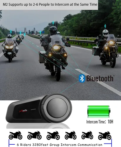 Vista 2 de Auriculares Bluetooth para motocicleta, MaxTo M2, casco de motocicleta Bluetooth5.0, 6 vías 3280 pies, sistema de comunicación de intercomunicación