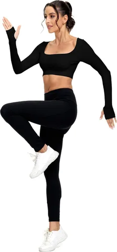Vista 6 de Paquete de 3 camisetas cortas acanaladas sin costuras de manga larga con cuello cuadrado para mujer, para entrenamiento, gimnasio, yoga