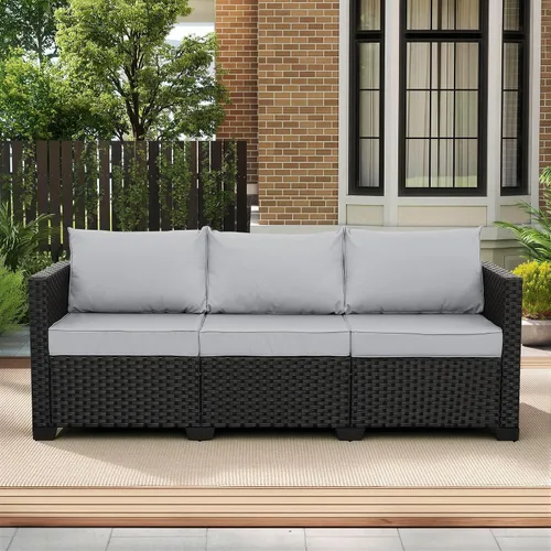 Vista 9 de Rattaner Muebles de patio, sofá de mimbre de 3 asientos, muebles de exterior, sofá de exterior, asiento profundo, respaldo alto, funda impermeable