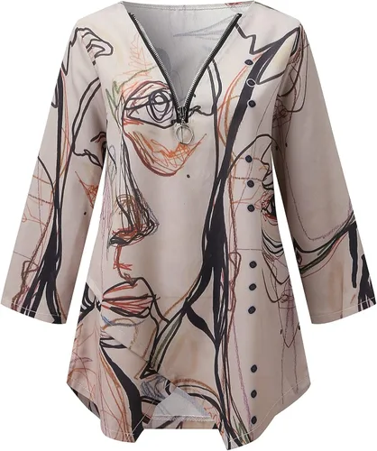 Vista 3 de FMCHICO Blusa de lino con cremallera suelta de manga 34 para mujer, con estampado de graffiti, dobladillo irregular, Beige