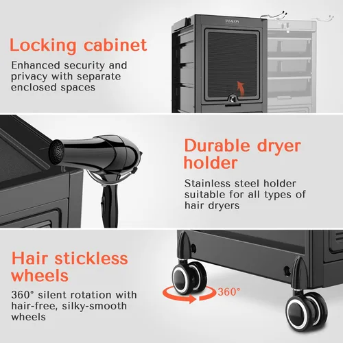 Vista 3 de TASALON Carrito de salón con cerradura de alta calidad con ruedas y 6 cajones y 2 cubos, carrito versátil para peluquería, tatuaje, peluquero