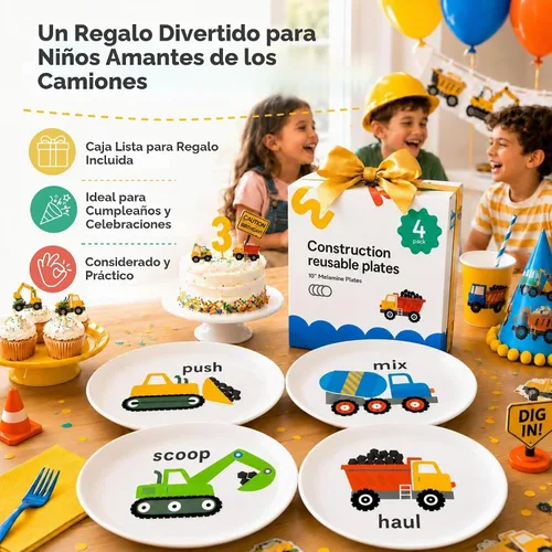 Vista 8 de Tiny Expressions - Placas de construcción para niños pequeños - Juego de 4 platos de melamina para niños - Excavadora, mezcladora de cemento