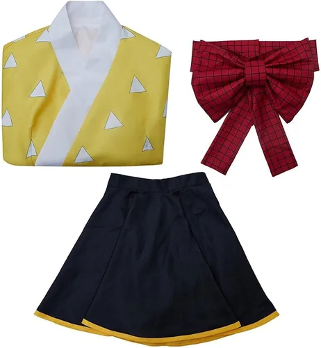 Vista 6 de BYHai Anime Demon Slayer Agatsuma Zenitsu Kimono Cosplay Disfraz japonés Lolita Kimono Vestido de criada Traje Adulto