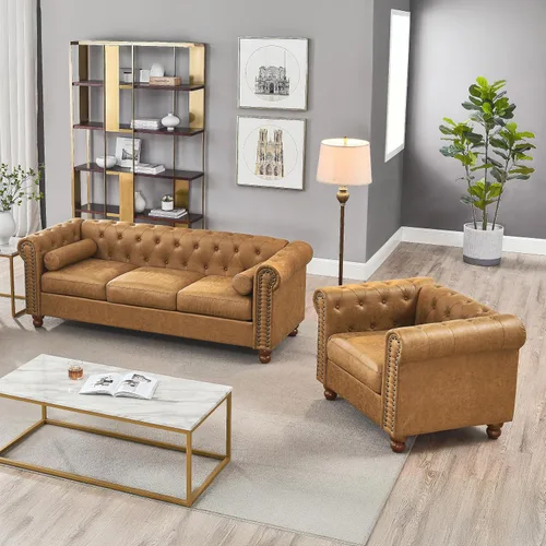 Vista 2 de Juego de 2 piezas Air Leather Chesterfield para sala de estar, sofá y silla Marrón