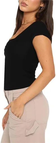 Vista 2 de Camiseta corta de manga corta para mujer, cuello cuadrado, para salir, ajustada, ropa Y2K