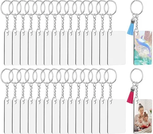 Vista 2 de Llavero de acrílico en blanco, 120 llaveros transparentes que incluyen 30 piezas en blanco acrílico, 30 borlas para llavero, 30 anillos para llavero
