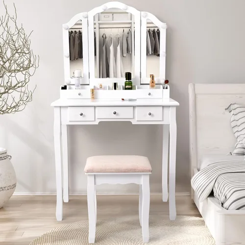 Vista 6 de Escritorio de maquillaje blanco con espejo plegable y luces