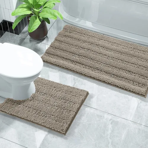 Vista 16 de Yimobra Juego de 2 alfombras de baño de felpilla suave y absorbente y alfombra para inodoro en forma de U, antideslizante, lavable a máquina