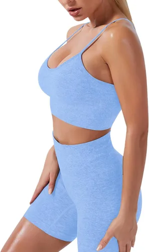 Vista 6 de IDOPIP Conjuntos de entrenamiento para mujer, 2 piezas, traje de yoga, brasier deportivo sin costuras, top corto + leggings de cintura alta