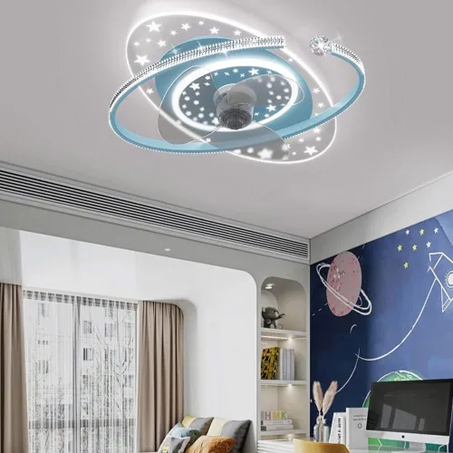Vista 5 de Ventilador de techo azul para niños de 20.5 pulgadas con luz, control remoto, 6 velocidades, perfil bajo Playful blue flush mount fan light for