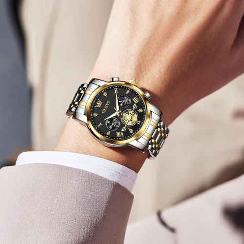 Vista 8 de OLEVS Relojes para hombre de acero inoxidable con cronógrafo, reloj de pulsera grande analógico de cuarzo, relojes de vestir impermeables de moda