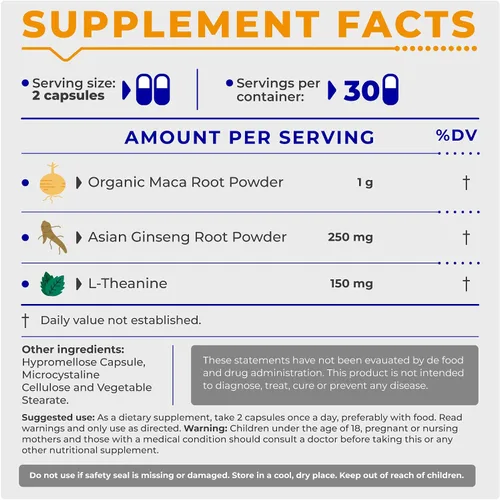 Vista 2 de Energy Pills - Raíz de maca orgánica, potenciador con ginseng rojo coreano y L-teanina, mejora de impulso para hombres y mujeres, suplemento vegano