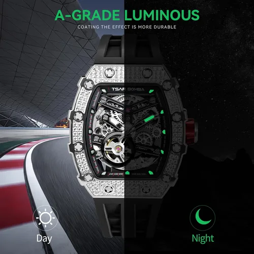 Vista 4 de Tonneau - Reloj automático para hombre, reloj de esqueleto de lujo para hombre, mecánico, resistente al agua, analógico, reloj de pulsera