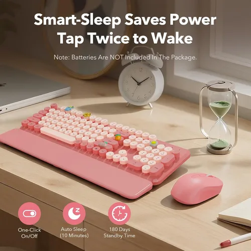 Vista 5 de Combo de teclado y mouse inalámbricos, teclado retro con teclas redondas, teclado estilo máquina de escribir de tamaño completo con reposamuñecas
