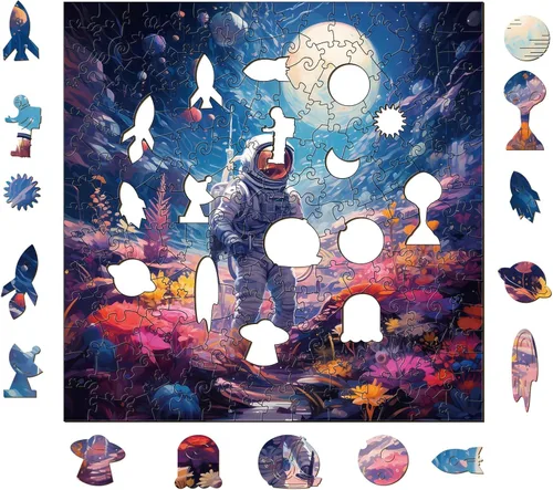 Vista 7 de Rompecabezas de madera para adultos, rompecabezas de astronauta, formas de rompecabezas de universo y caja de rompecabezas de madera, regalo