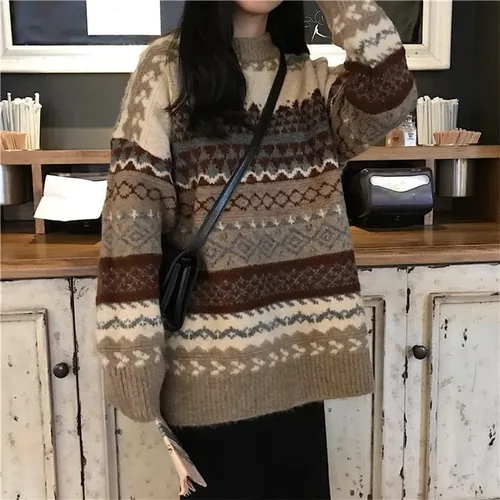 Vista 3 de Suéter de punto con estampado de rayas para mujer, estilo Y2K, para invierno, cálido, grunge, cuello redondo, tejido para abuelo, ropa Emo Alt