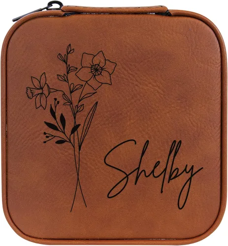 Vista 43 de Joyero de flores de nacimiento personalizado Estuche de viaje (cuero crudo, abril - guisante dulce)