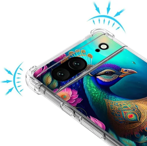 Vista 3 de Pixel 7 - Funda protectora de poliuretano termoplástico resistente a los arañazos y a prueba de golpes con diseño de mandala de pavo real colorido