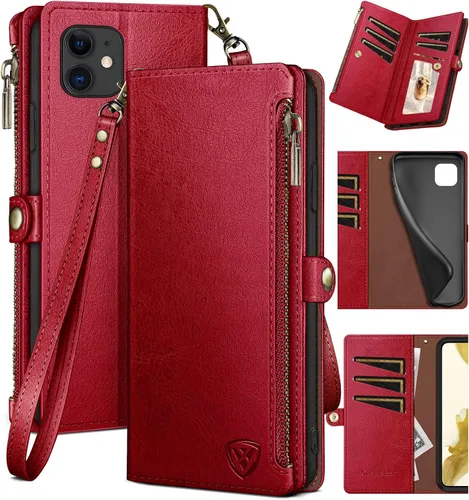 Vista 10 de XcaseBar Funda tipo cartera compatible con iPhone 11 de 6.1 pulgadas con cremallera y tarjetero de crédito con bloqueo RFID, funda de piel sintética