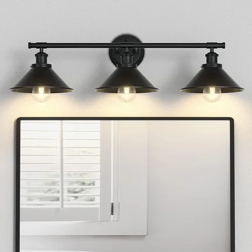 Vista 9 de Aplique de pared negro de 2 luces, aplique de pared de baño de granja sobre el espejo, luces industriales rústicas de tocador de baño
