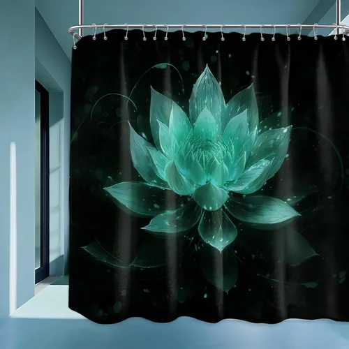 Vista 60 de Cortina de ducha con flores de loto negro y azul para decoración de baño, juego de cortinas decorativas de baño con estampado floral, tela