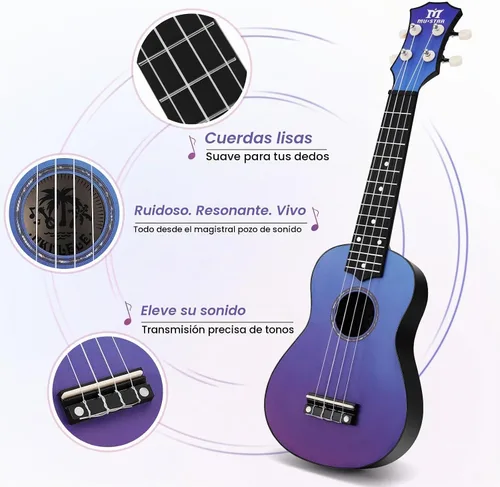 Vista 4 de Ukelele Soprano MUSTAR, Ukelele de Tilo de 21 Pulgadas para Principiantes, Kit de Ukeleles con Bolsa de Concierto, Correa, Púas, Paño, Adhesivo Azul