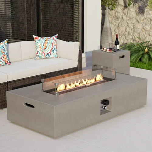 Vista 11 de COSIEST mesa de fogata a propano para exteriores de 35 pulgadas cuadrada de arenisca con protector contra el viento y mesa lateral, certificada