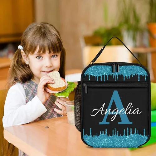Vista 7 de Bolsa de almuerzo con nombre personalizado para hombres y mujeres, con monograma de purpurina azul, hielera, portátil, con nombre, para niñas