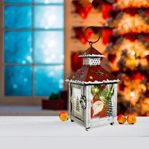 Vista 4 de Farol decorativo de Navidad para colgar, farol LED rústico, farol de mesa de metal rústico, funciona con pilas, linterna colgante para interiores