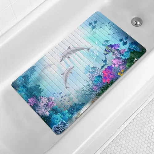 Vista 12 de Tapete de baño floral bohemio morado antideslizante con flores abstractas para ducha, tapete de baño botánico para bañera con ventosas y agujeros
