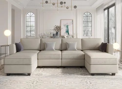 Vista 11 de Belffin Sofá modular en forma de U con tumbonas reversibles, de terciopelo, con asiento de almacenamiento, color negro