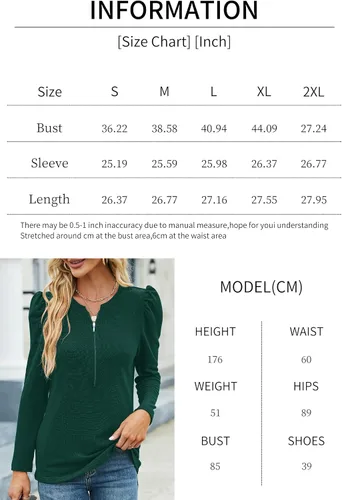 Vista 7 de Blusa de manga abombada para mujer, blusa casual de manga larga con cuello con cremallera