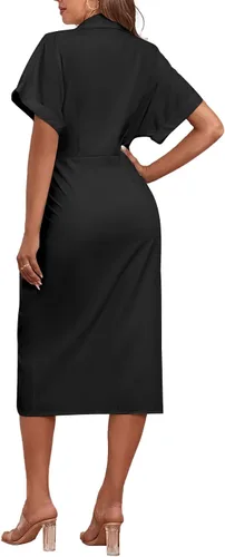 Vista 2 de LYANER Vestido midi de manga corta con cuello y botones para mujer