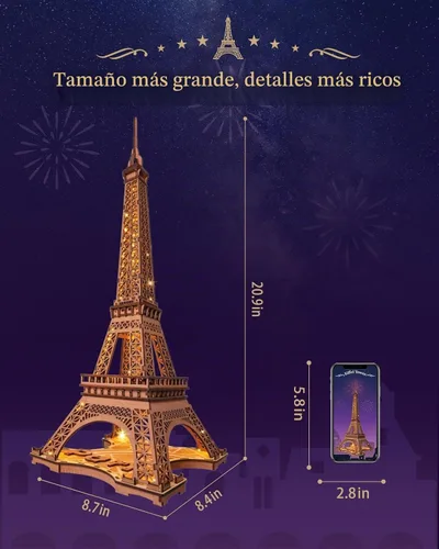 Vista 3 de Rolife Rompecabezas de madera 3D para adultos, Set grande de Torre Eiffel-Juegos de construcción de modelo LED, kits de arquitectura de París como