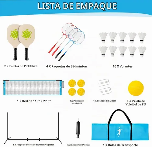 Vista 7 de Juego de red de bádminton de pickleball para patios traseros, juego combinado de voleibol portátil todo en uno con red ajustable, palas de voleibol