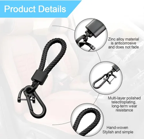 Vista 4 de Llavero de llaves de coche con bellota y trenzado en paracord, llavero de cuero trenzado grueso para hombres y mujeres, adecuado para todos los Negro