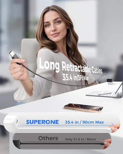 Vista 2 de SUPERONE Cargador retráctil para iPhone, bloque de cargador USB C de 4 puertos, cargadores de iPhone de carga rápida con doble cable USB C Negro