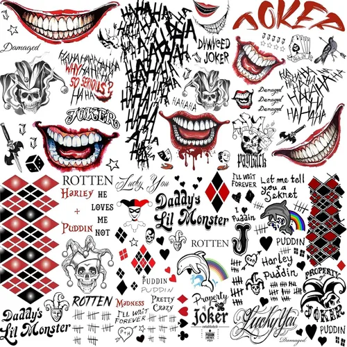 Vista 9 de TASROI 5 hojas de calcomanías de tatuaje HQ Joker para mujeres, hombres y adultos, tatuajes temporales de Halloween, kit de maquillaje de cara