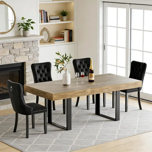 Vista 46 de Juego de mesa de comedor extensible de 5 piezas para 4, mesa de cocina de madera marrón de 63-78.7 pulgadas con 4 sillas acolchadas beige, juego