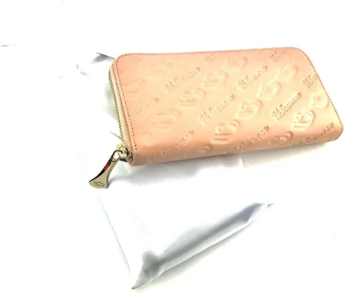 Vista 7 de Cartera RFID de piel de becerro con cremallera en relieve para mujer, rosa con logo, Cartera larga