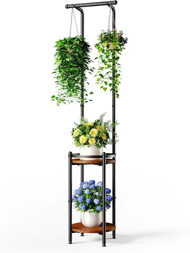 Vista 9 de Homsorout Soporte para plantas para interiores y exteriores, soporte de metal resistente de 2 niveles para plantas colgantes de hierro que ahorra