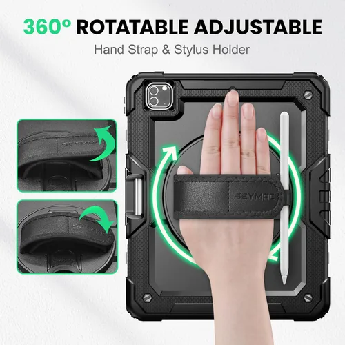 Vista 3 de SEYMAC Funda para iPad Pro 12.9 2022/2021/2020/2018, resistente protección a prueba de golpes con protector de pantalla, soporte giratorio de 360°