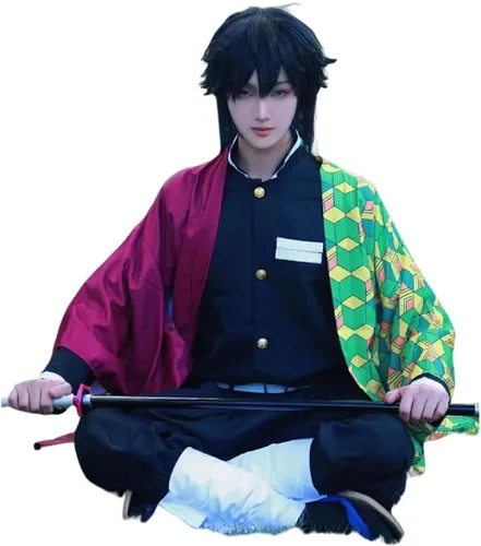 Vista 4 de Giyuu - Disfraz de anime para adultos, disfraz de Halloween, kimono, traje con peluca