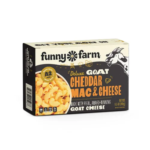 Vista 2 de Funny Farm Macarrones con leche A2 y queso (caja de 8) Mac y queso de lujo con sabor a queso cheddar - Cena de queso de cabra y queso Paquete