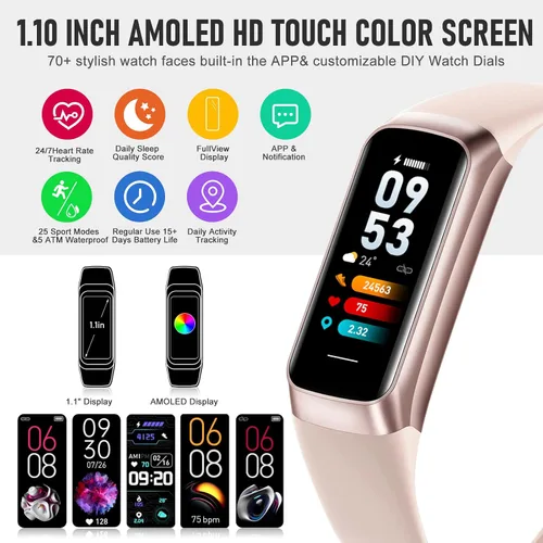 Vista 2 de Monitor de actividad física, reloj de fitness con frecuencia cardíaca 24/7, monitor de sueño y oxígeno en sangre, rastreador de pasos con pantalla