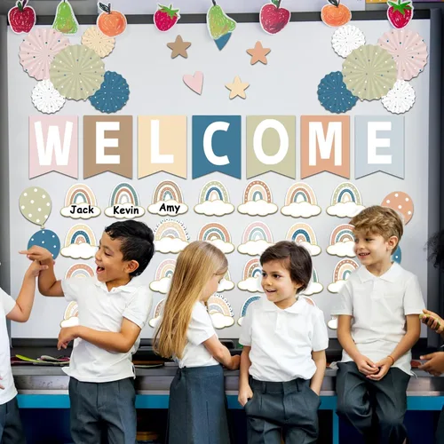 Vista 7 de Juego de 67 tablones de anuncios de bienvenida Simply Boho para aula, tablero de anuncios de arcoíris, decoración de aula, abanicos de papel