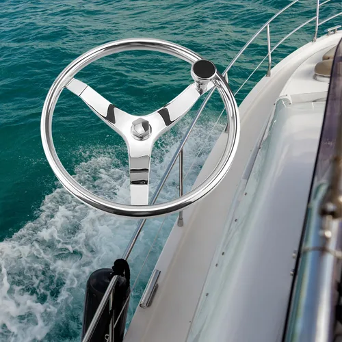 Vista 2 de Volante de acero inoxidable para barco, 3 radios 13-1/2" de diámetro con perilla giratoria, con tuerca de 5/8" -18 para Seastar y Verado
